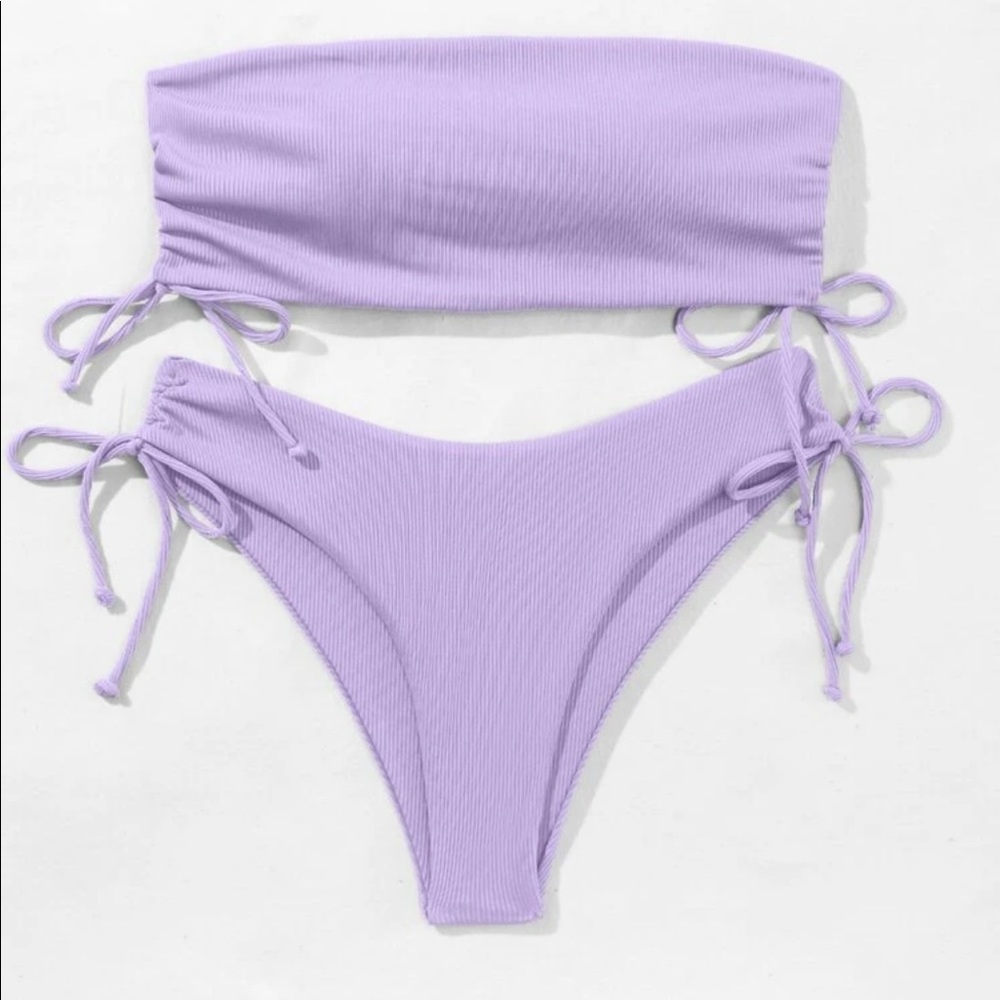 SHEIN Rib Drawstring Side Bandeau Bikini